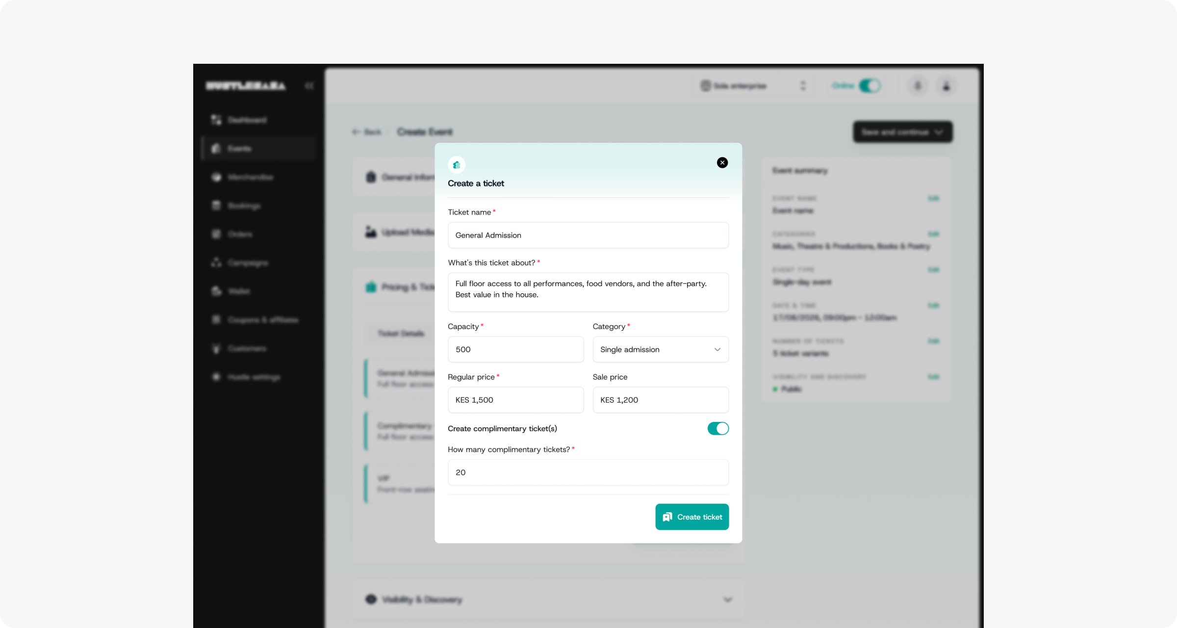 Create a ticket modal (filled) with complimentary toggle on and quantity set, opened during event creation